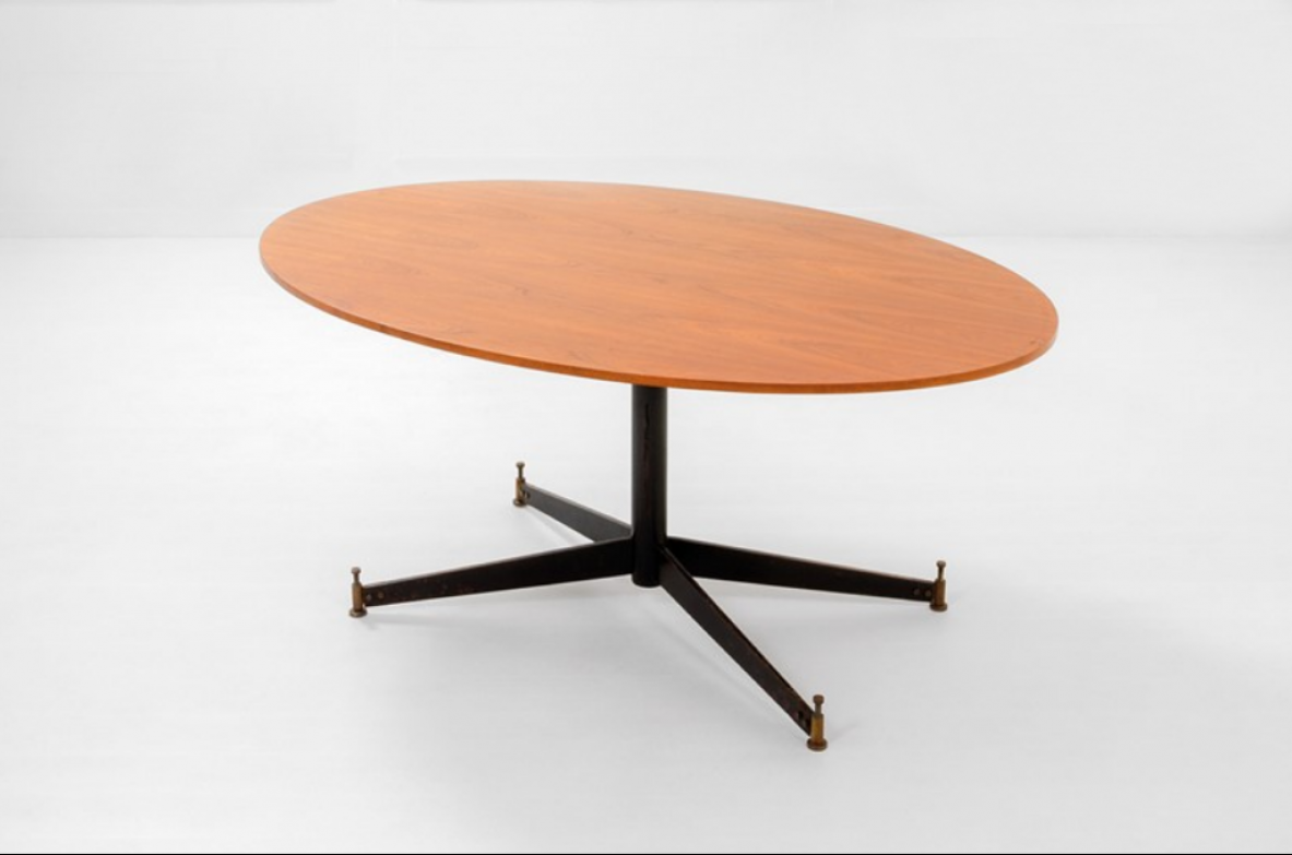 Ignazio Gradella, tavolo mod. T2 con piano in legno, struttura in metallo smaltato e dettagli in ottone