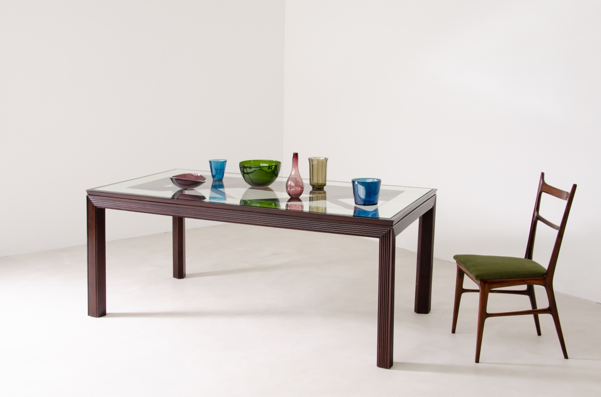 Borsani Varedo, splendid 1940's dining table with crystal glass and mirror top.