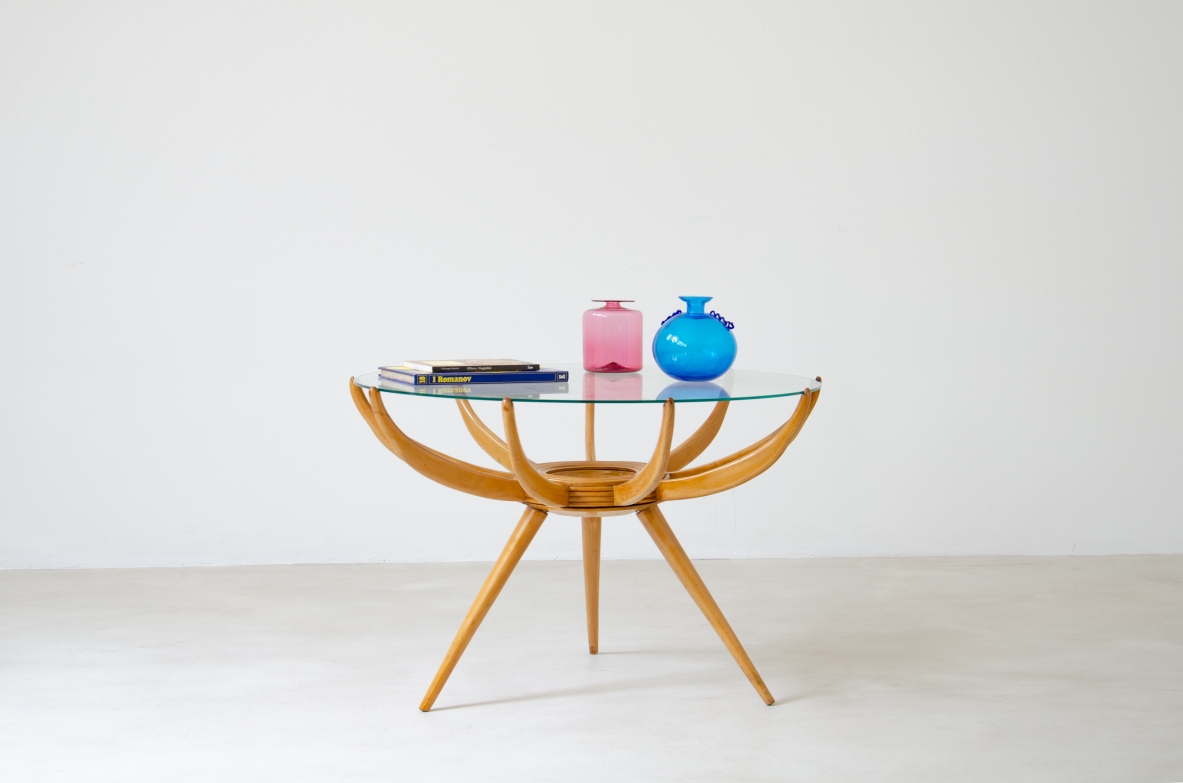 Carlo de Carli, Renato G. Angeli, and Luigi Claudio Olivieri, "Ragno" coffee table in beechwood and glass, Italy, 1950's. 