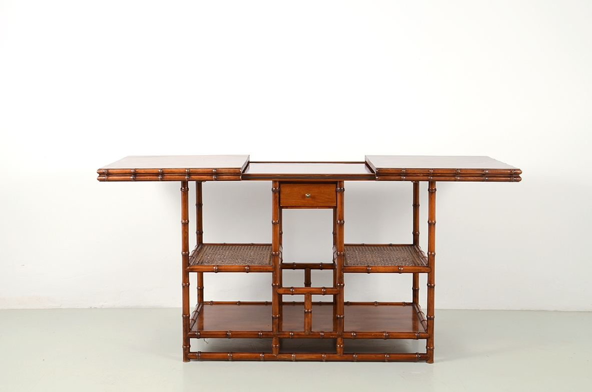 Italian 1970's console table in wood carved in bamboo shape, shelves in wood and Vienna straw.