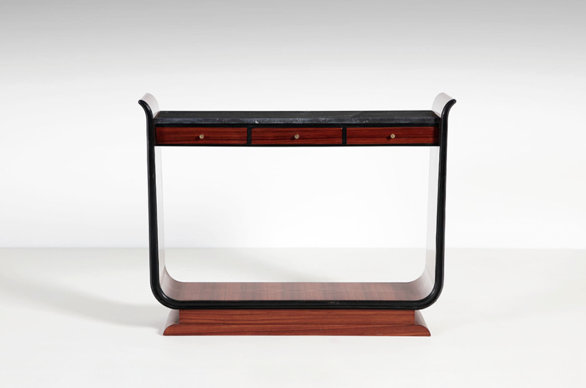 Vittorio Dassi, Italian 1940's console table in rosewood and boxwood with three drawers on front and marble top.