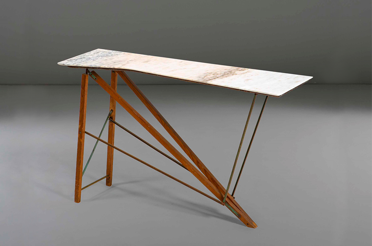 Console table with wooden structure, metal supports and irregular-shaped marble top. Italian manufacture, 1950's.
