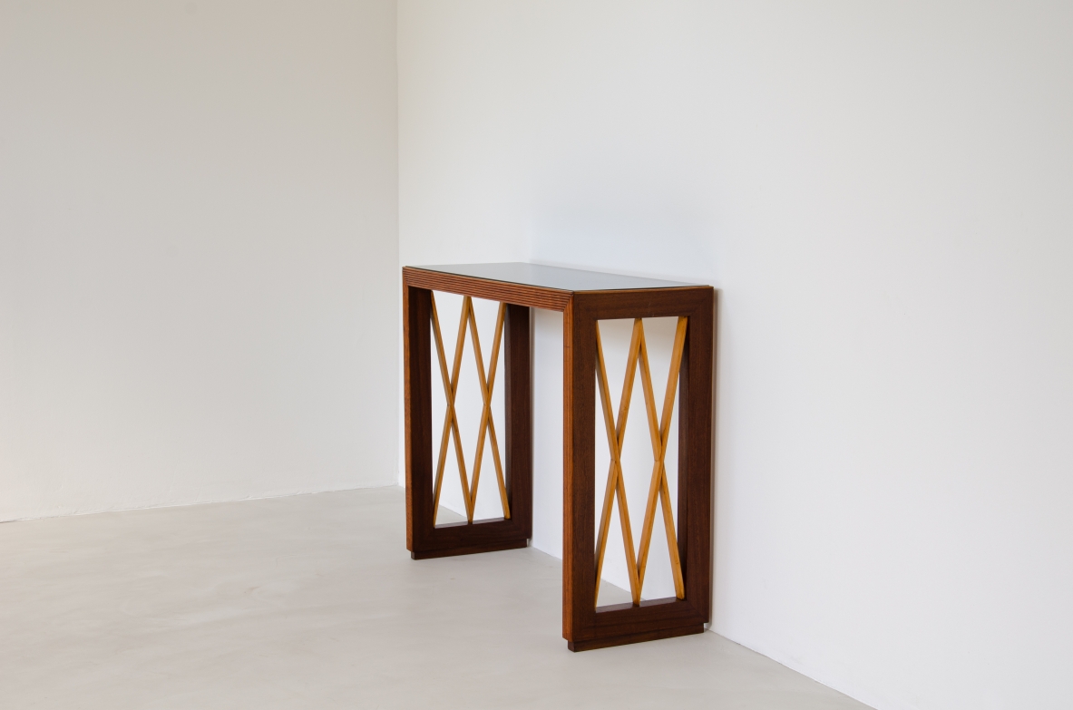 Piero Portaluppi, 1950's sculptural console table with black opaline glass top.
