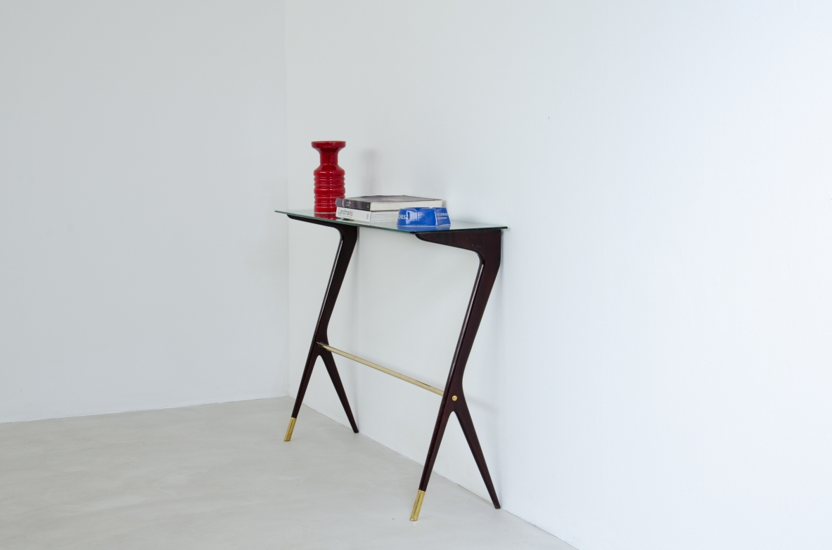 Elegant console table in stained wood with crystal glass top. Italy, 1950s