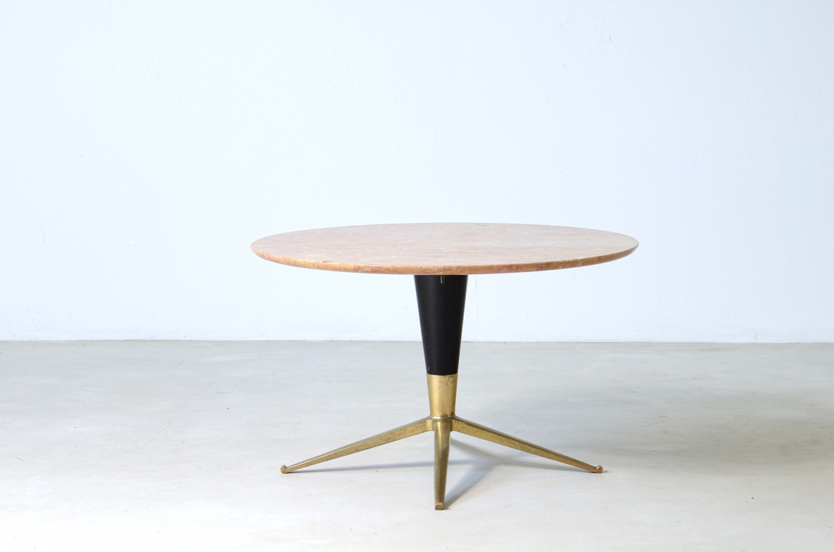Melchiorre Bega, coffee table with four-star brass base, turned wood frame and marble top.  Bega & C. Bologna, Italy 1950s.