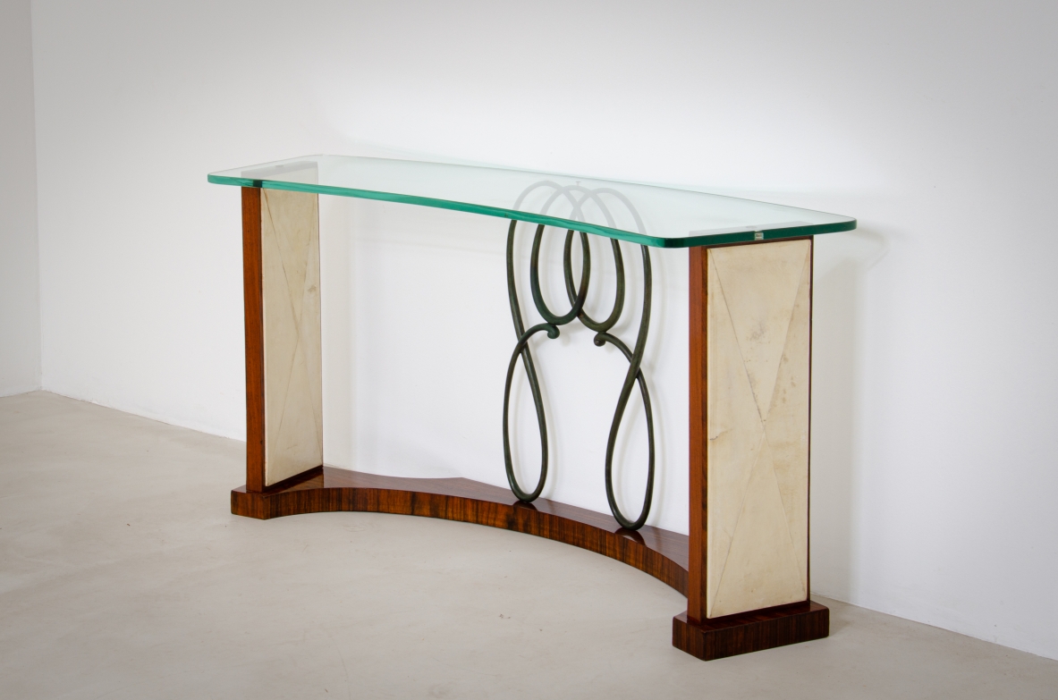 Elegant console with side uprights covered in parchment, Attributed to Guglielmo Ulrich, 1940s.