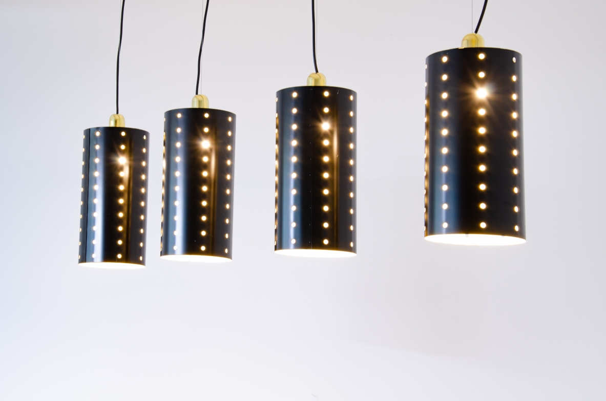 Set of four ceiling lamps with painted metal shade and brass cup.  1960's Italian manufacture.