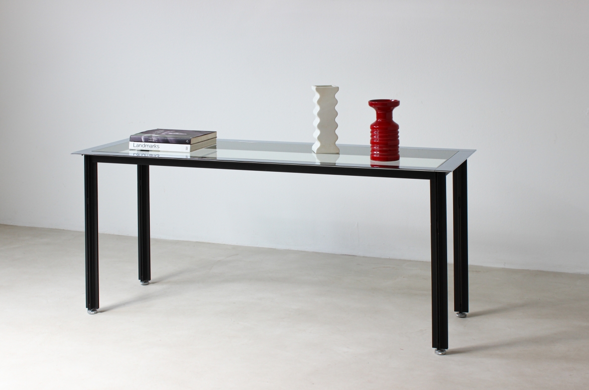Luigi Caccia Domignoni. Console table with glass top and chromed metal band. Azucena production, 1970's