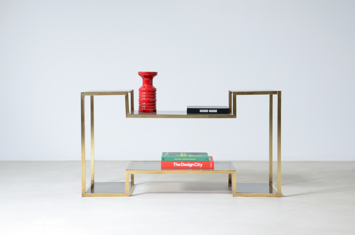Romeo Rega (1904-1968)  Elegant console with square brass structure and burnished glass tops.  Italian manufacture, around 1970.