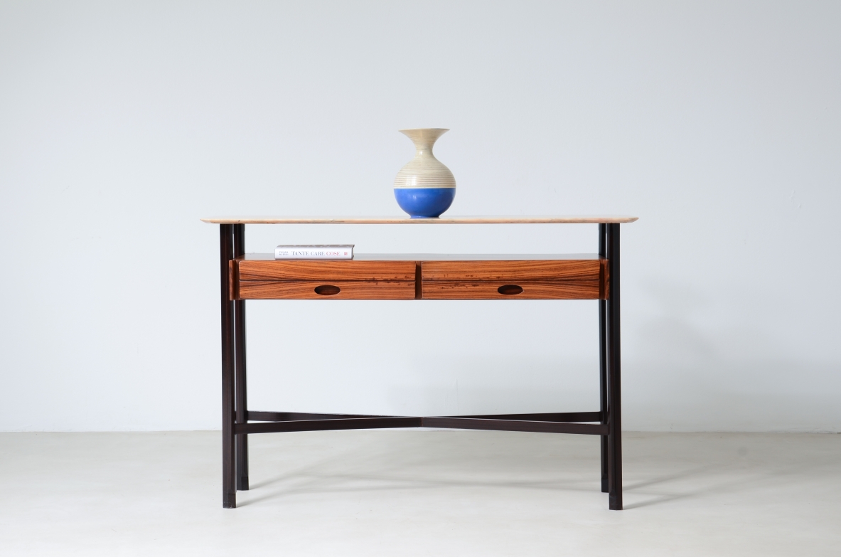 Elegant teak console with marble top and two drawers.  Italian manufacture, around 1960's.