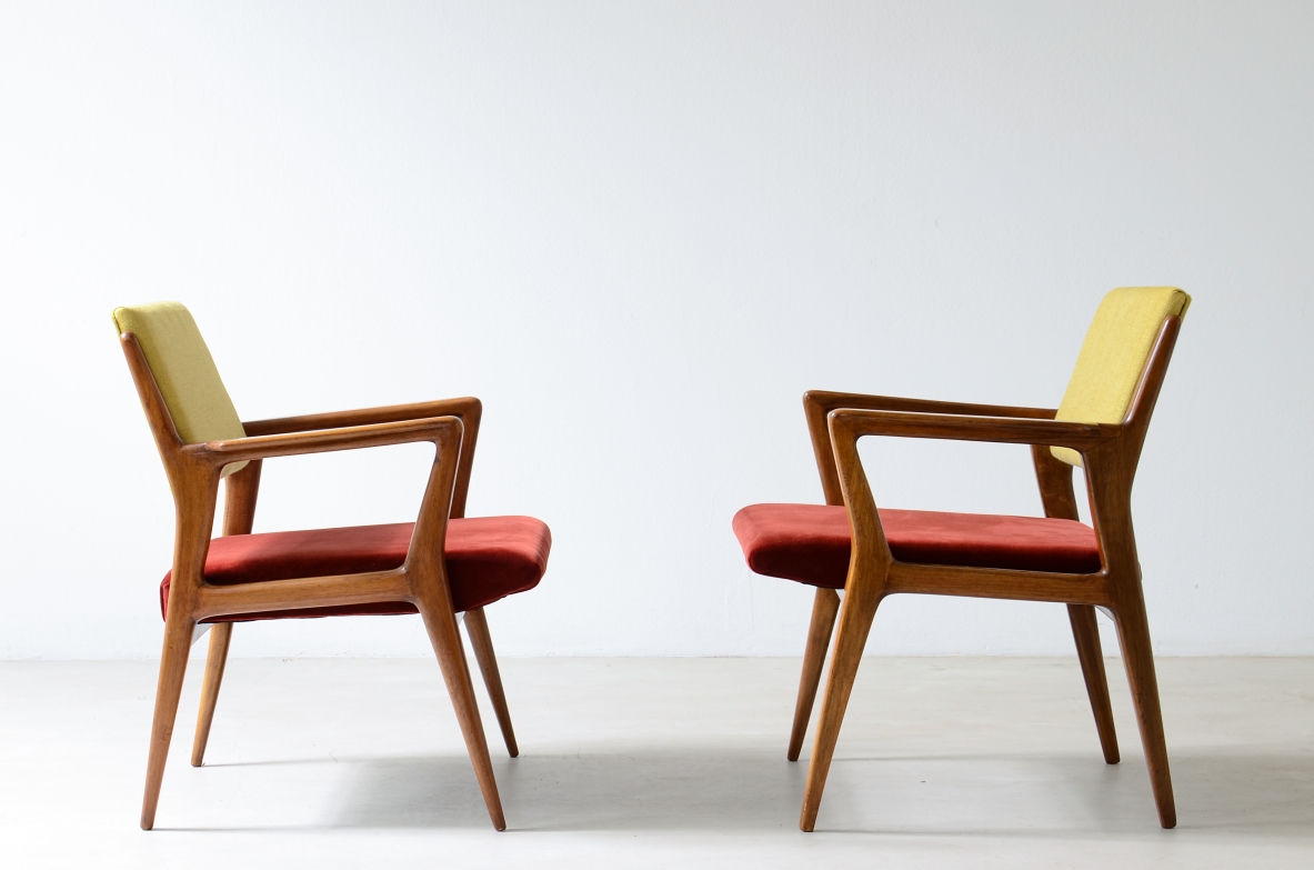 Pair of modernist walnut armchairs.  Italian manufacture 1950