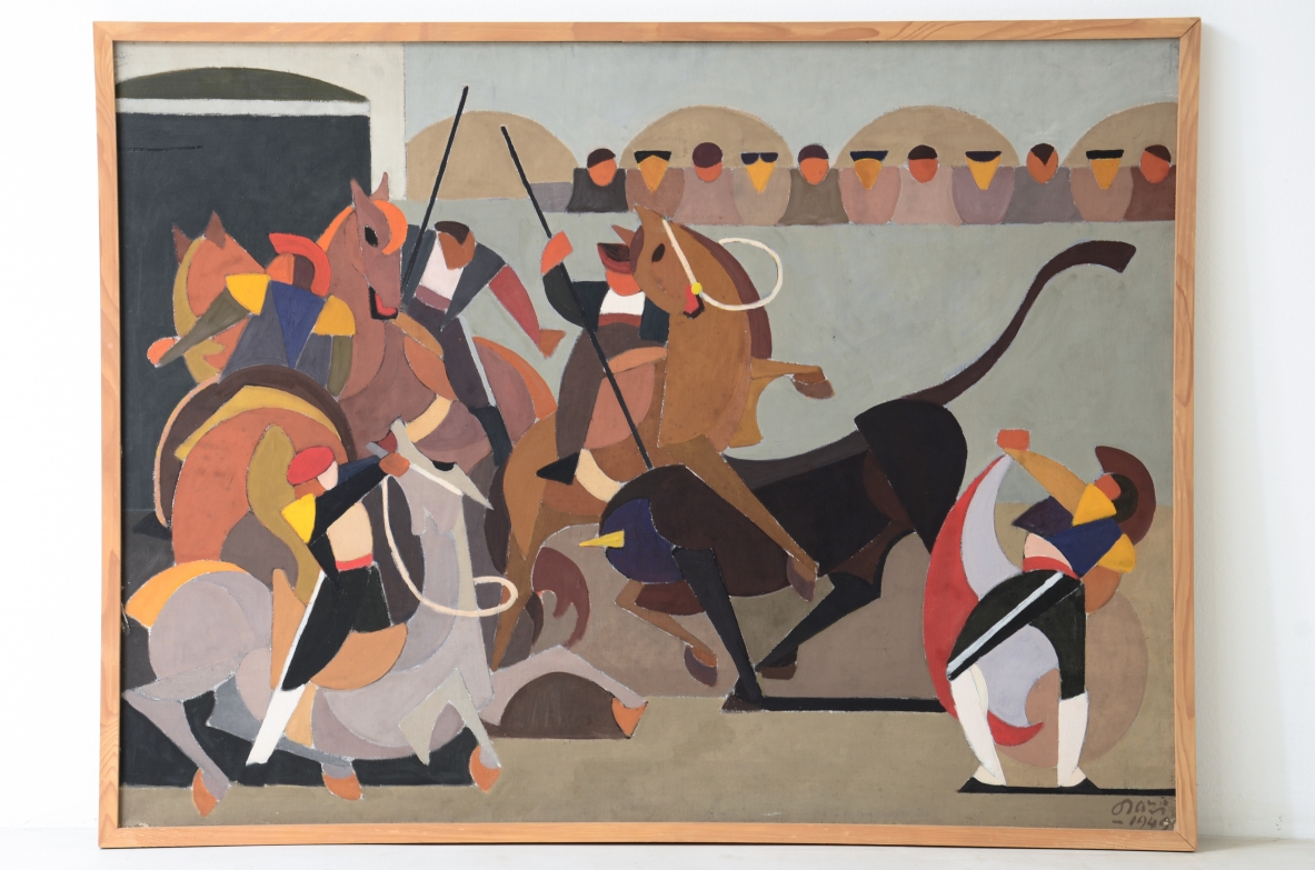 Orazio Orazi (1906-1979)  Tempera su tela "La corrida a Cheval" 1949