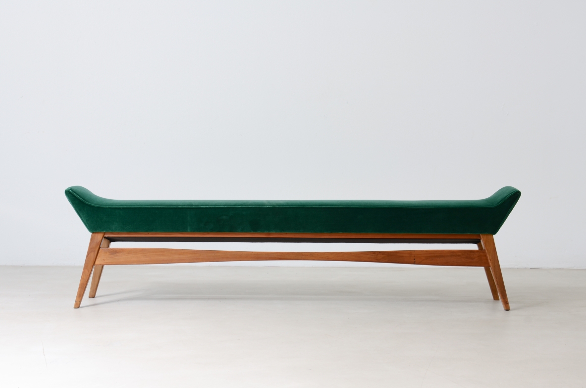 Bench with padded seat upholstered in fabric, Italian manufacture, 1950s.