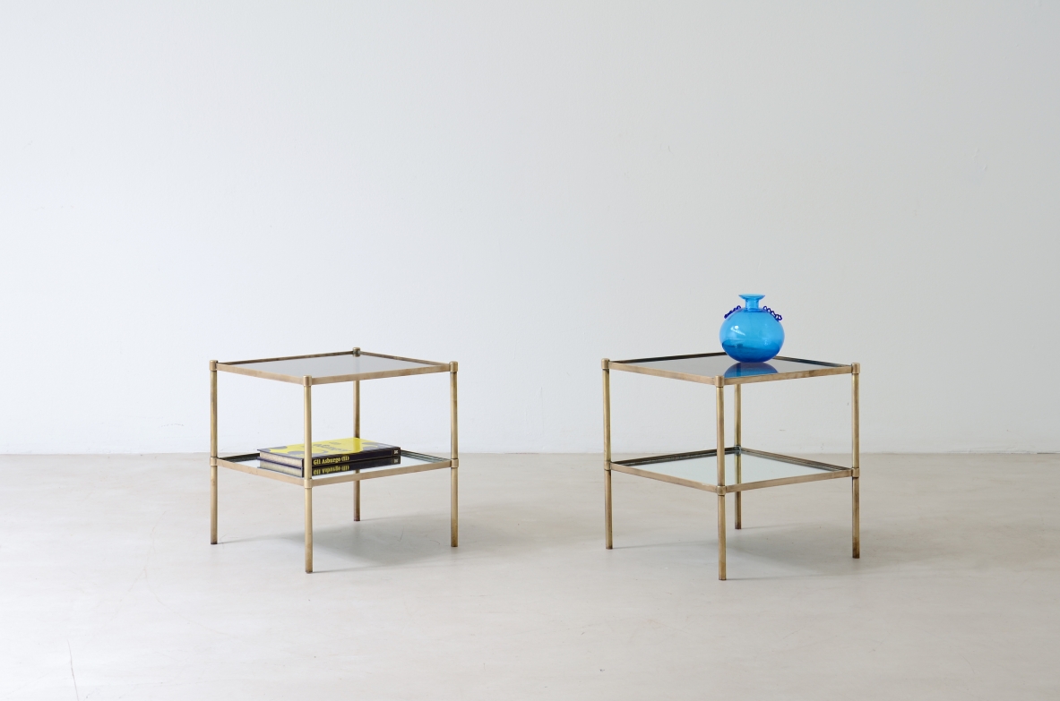 Pair of coffee tables with mirrored top and burnished glass.  Italian manufacture, Azucena production 1959