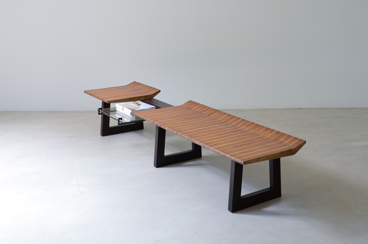 Martin Eisler Large bench with polychrome wood seat and cut glass top 1950s manufacturing.
