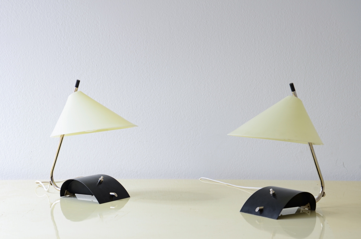 Pair of rare table lamps in metal and chrome with perplex hat.  Manufacturer's label.  Stilnovo production, 1950's