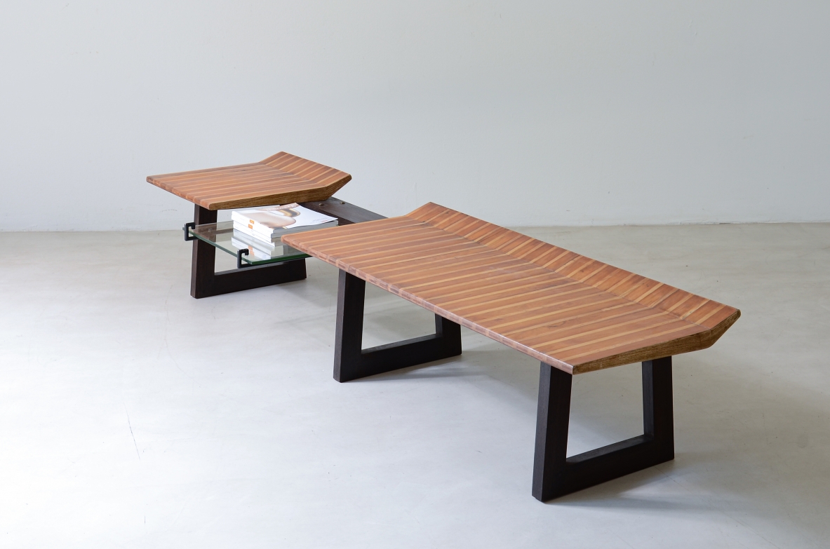 Martin Eisler Large bench with polychrome wood seat and cut glass top 1950