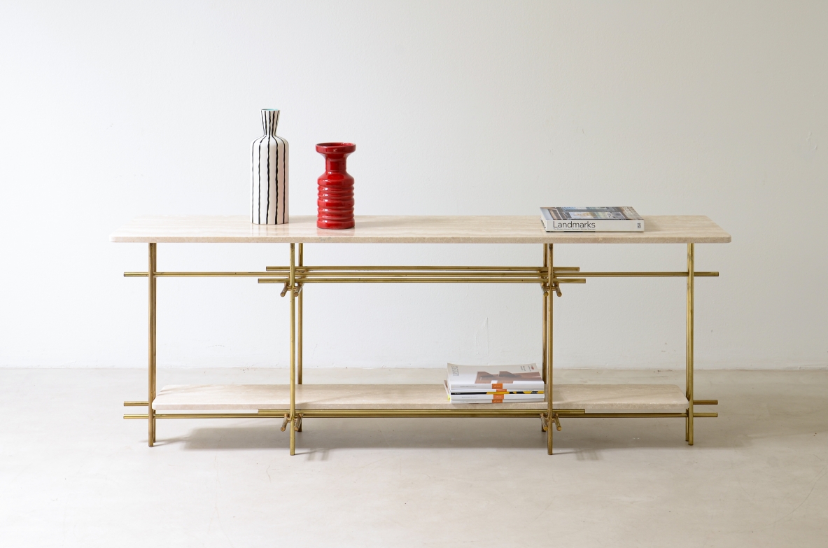 Elegant console with brass structure and travertine marble tops.  Italian manufacture, 1970s