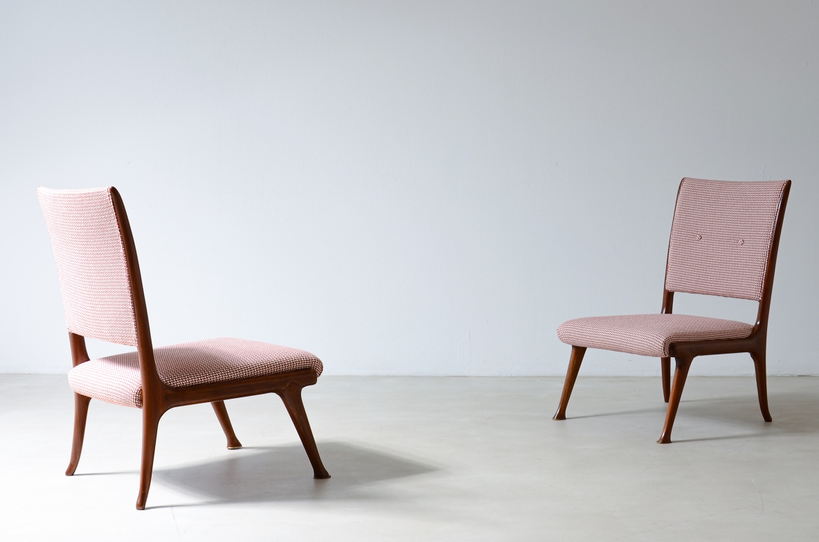 Pair of refined cherry armchairs with seat and backrest in padded fabric.  Italian manufacture ca. 1950.