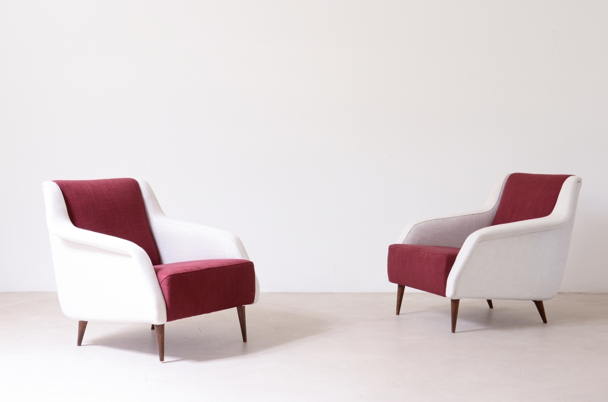 Carlo De Carli, Gio Ponti  Pair of Mod.802 armchairs covered in padded fabric. Designed in 1954 Cassina