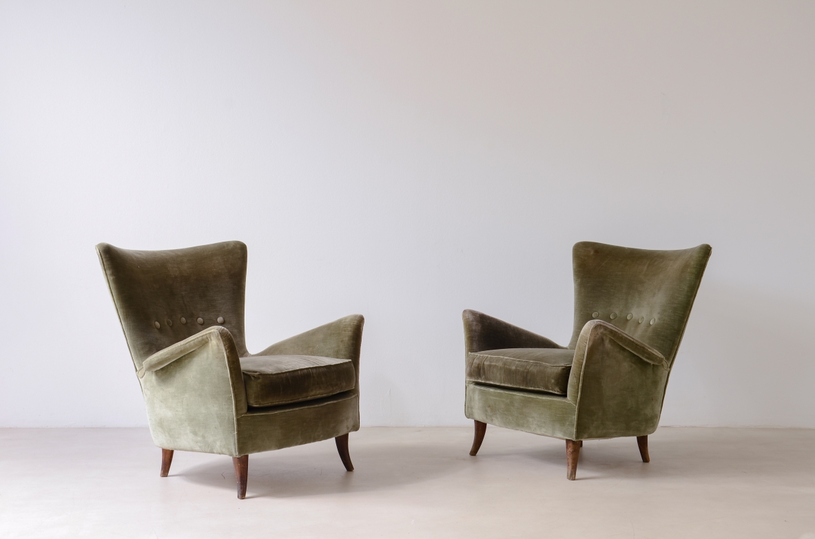 Pair of armchairs in the style of Gio Ponti covered in velvet.  Italian manufacture 1950ca.