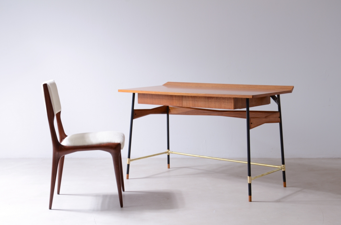 Desk with wooden top and drawers, metal and brass structure.Italian manufacture 60s.