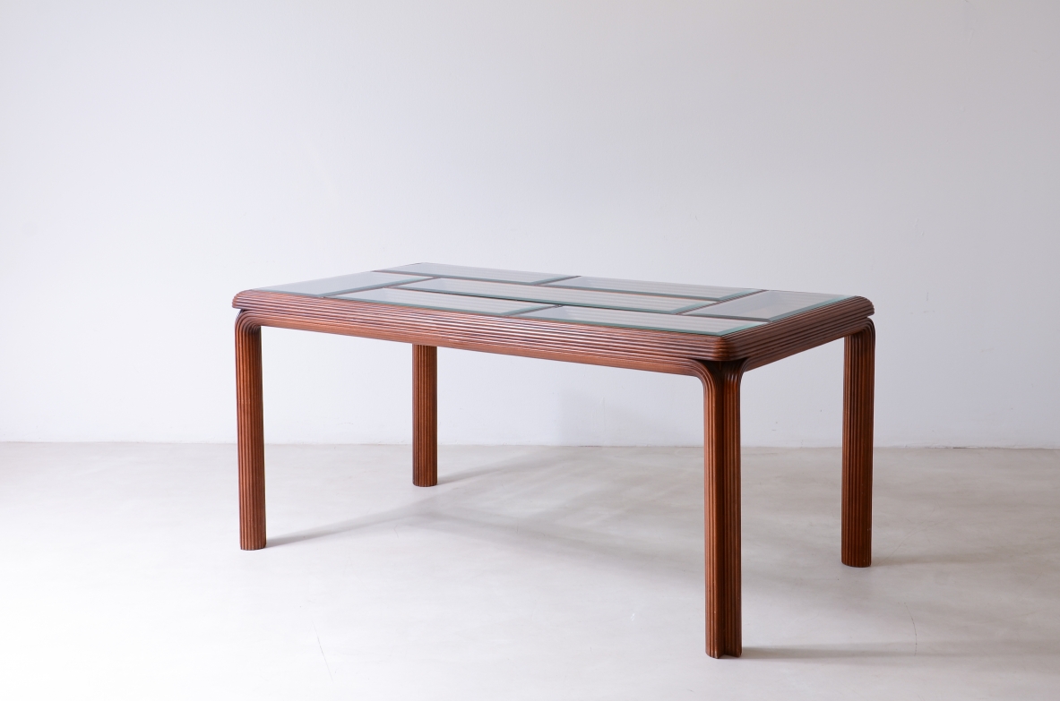 Splendid curved wood table with cut crystal mosaic top.  Italian manufacture around 1970s.