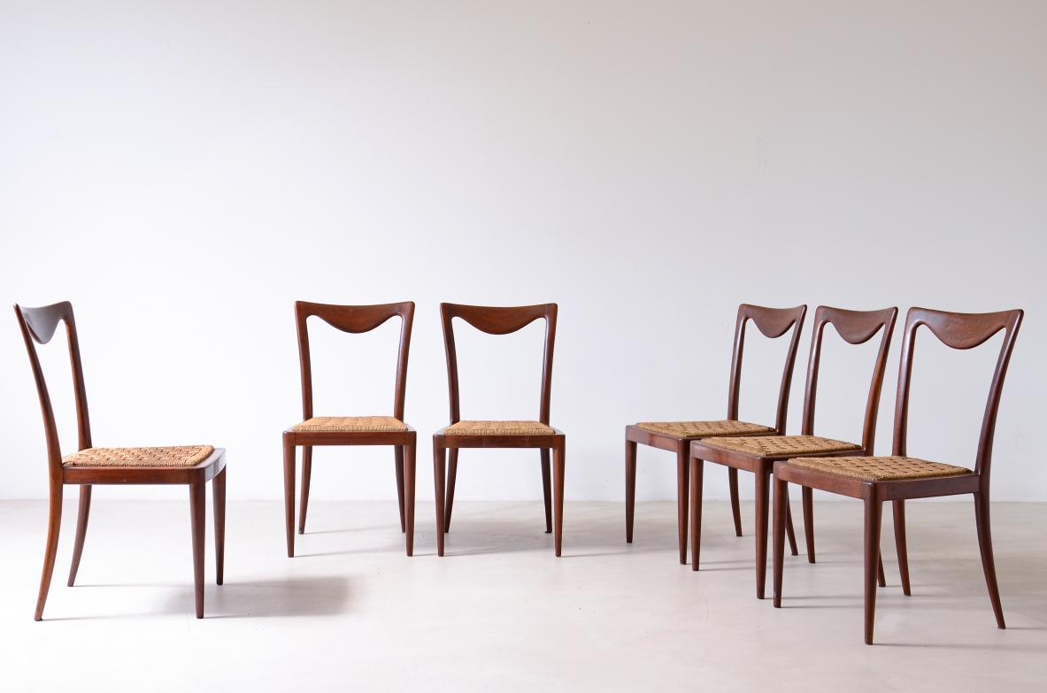 Carlo Enrico Rava, Group of six elegant chairs in shaped wood and rope seat.  Italian manufacture, 1940