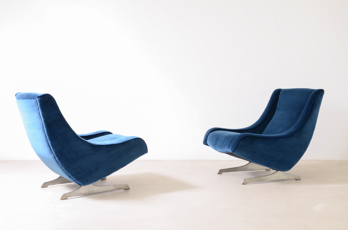 Pair of upholstered velvet armchairs with polished metal feet.  Italian manufacture 1970ca.