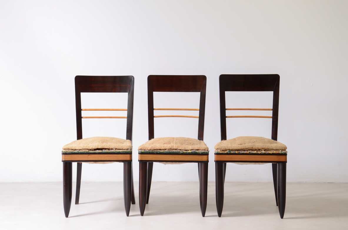 Sei rare sedie in legno scuro con fascia e e dettagli in acero biondo, Marcello Piacentini, razionalismo italiano 1925ca