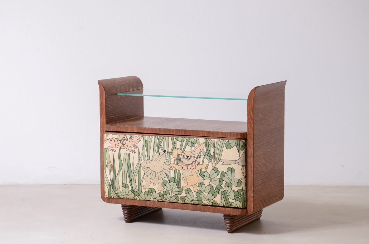 Guglielmo Pecorini  Small rare container unit in scratched oak with printed fabric 1930