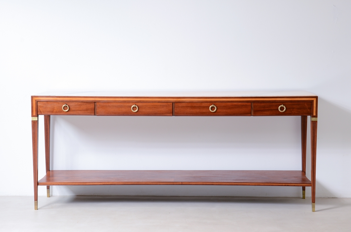 Antonio Cassi Ramelli  Large console with marble top from Portugal. Light wood threaded decorations in classic style 1950