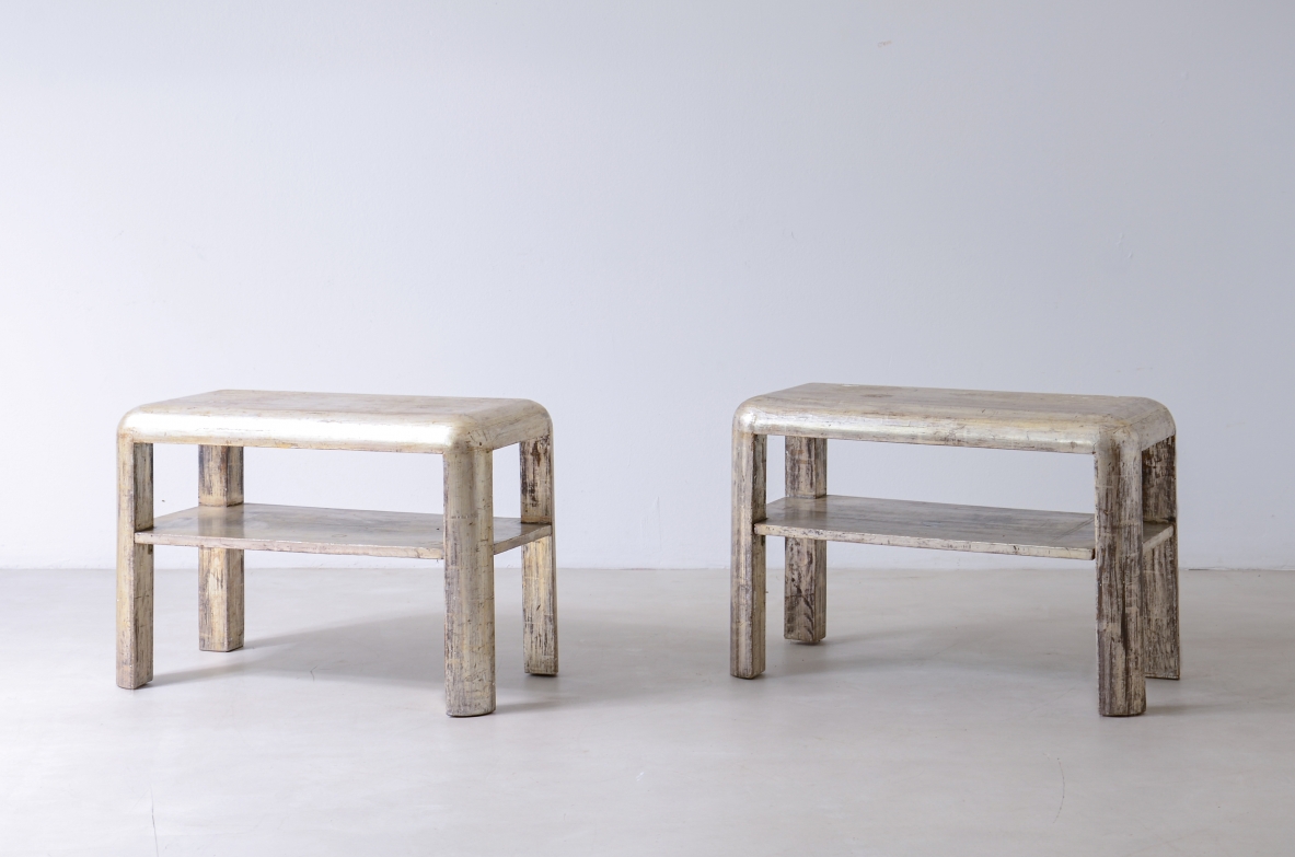 Pair of silver-plated wood tables with silver leaf and mecca.Art Deco period, ca. 1930.