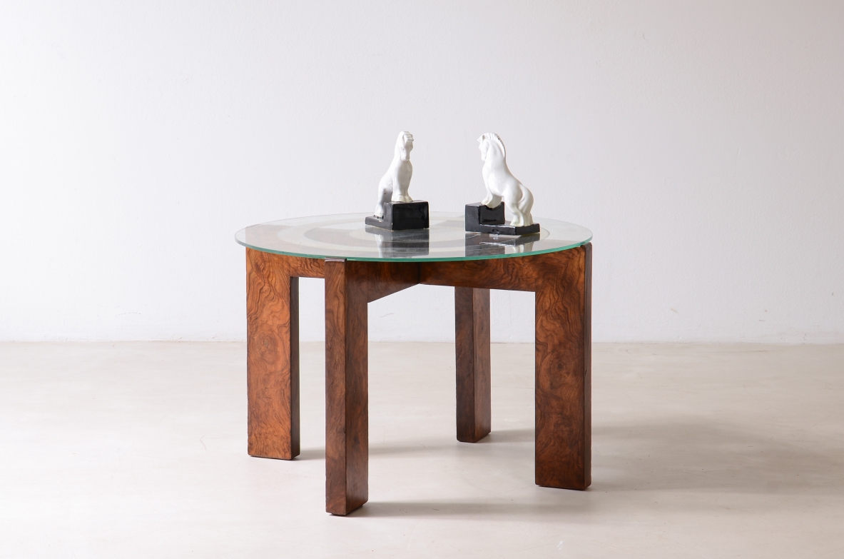 Coffee table with mirrored glass  burl cross-shaped base Italian Rationalism, ca. 1925-30