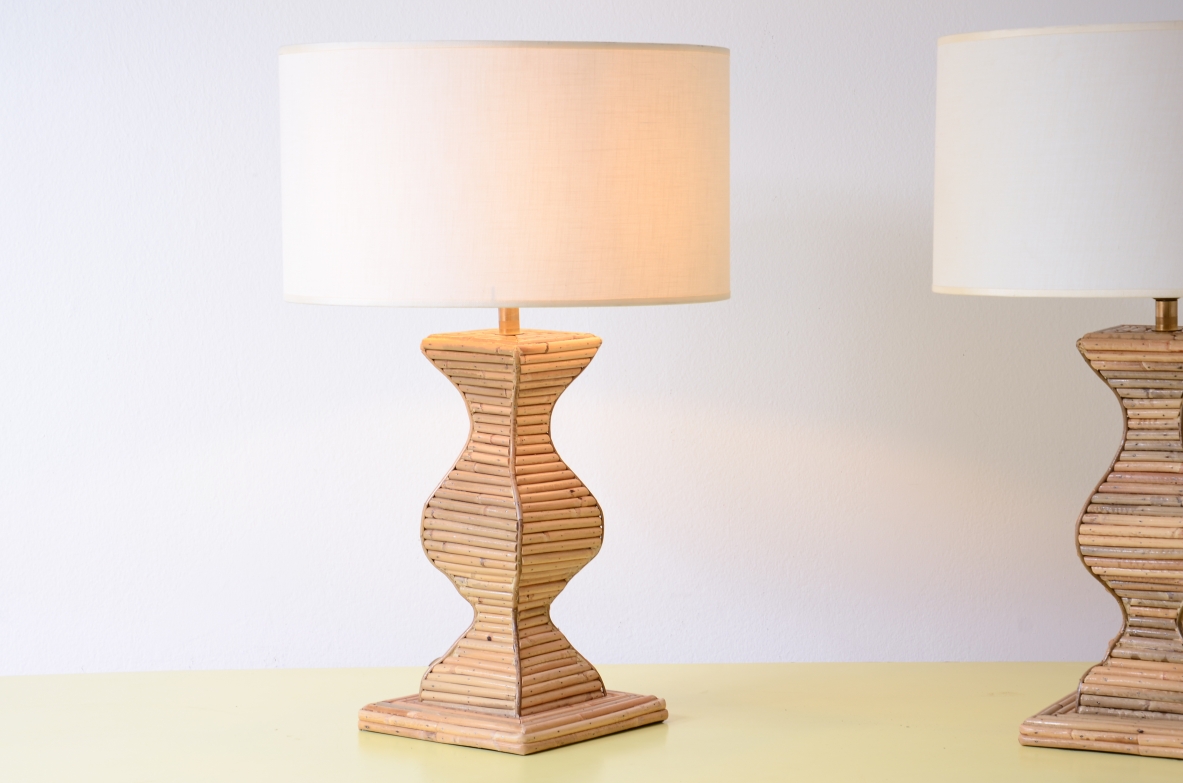 Pair of large, shaped, rattan-covered table lamps Manufacturing Vivai del Sud, Italy, ca. 1960