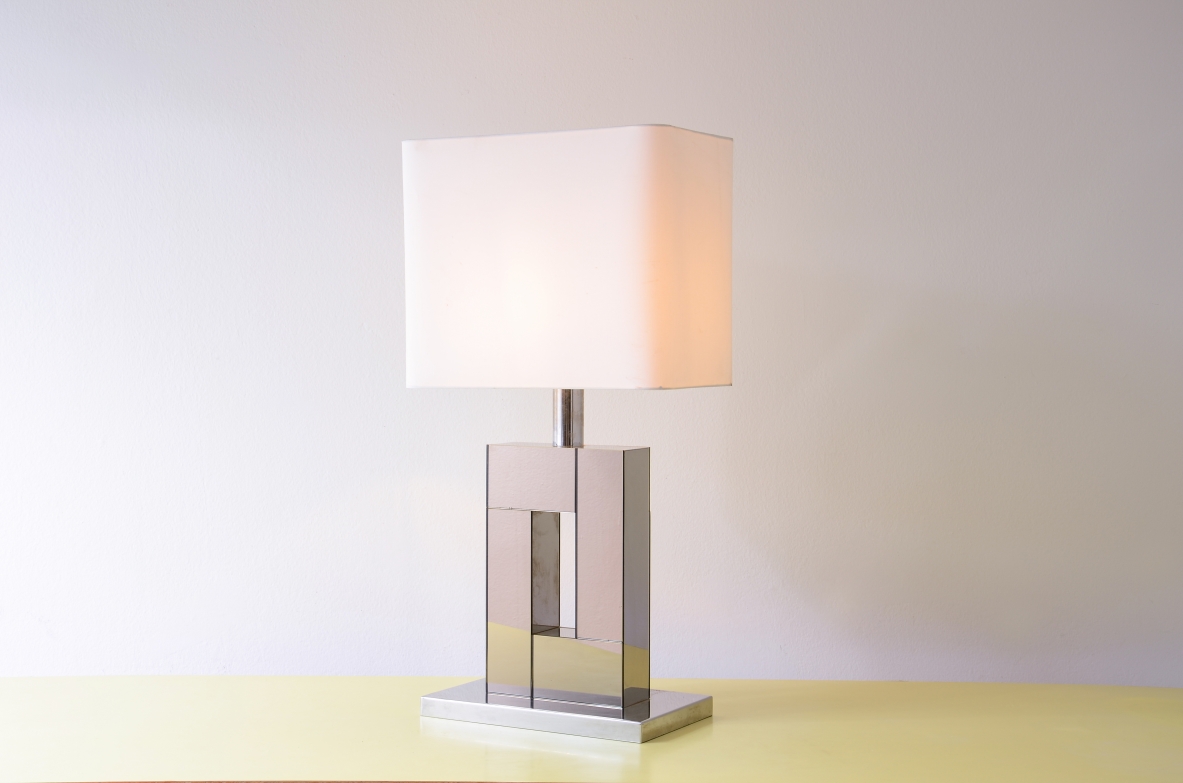 Large table lamp with a steel and mirrored wood circa 1970
