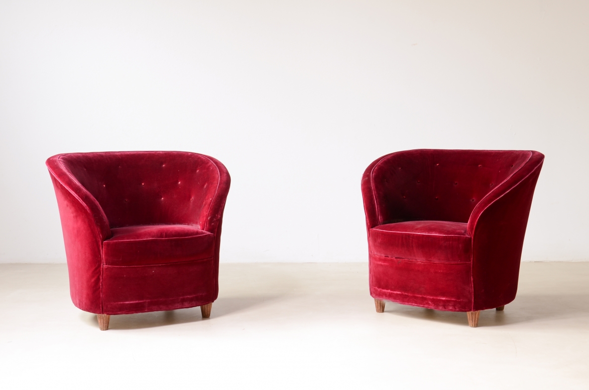 4 shaped wooden armchairs upholstered in velvet.  Italian manufacture, circa 1940.