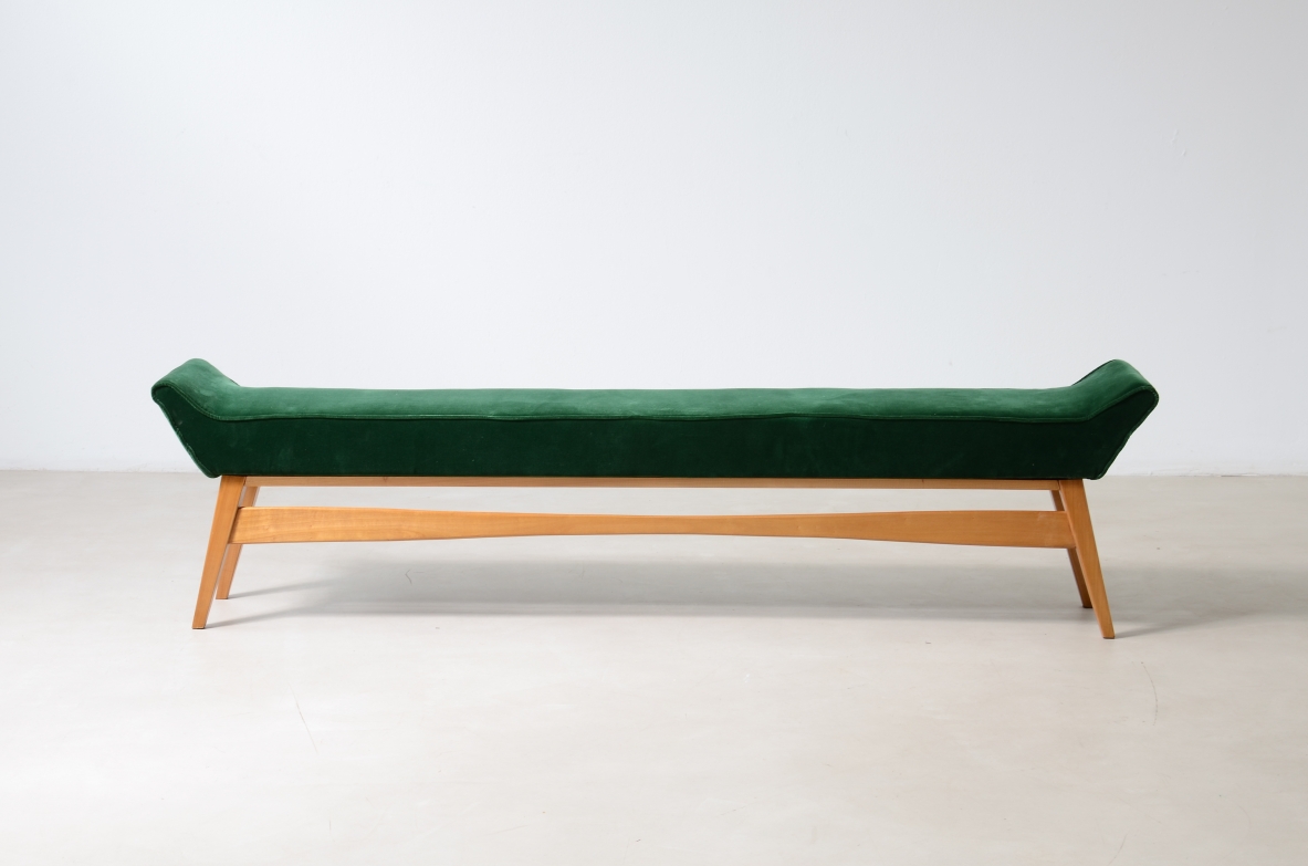Bench with padded seat upholstered in fabric, Italian manufacture, 1950s.